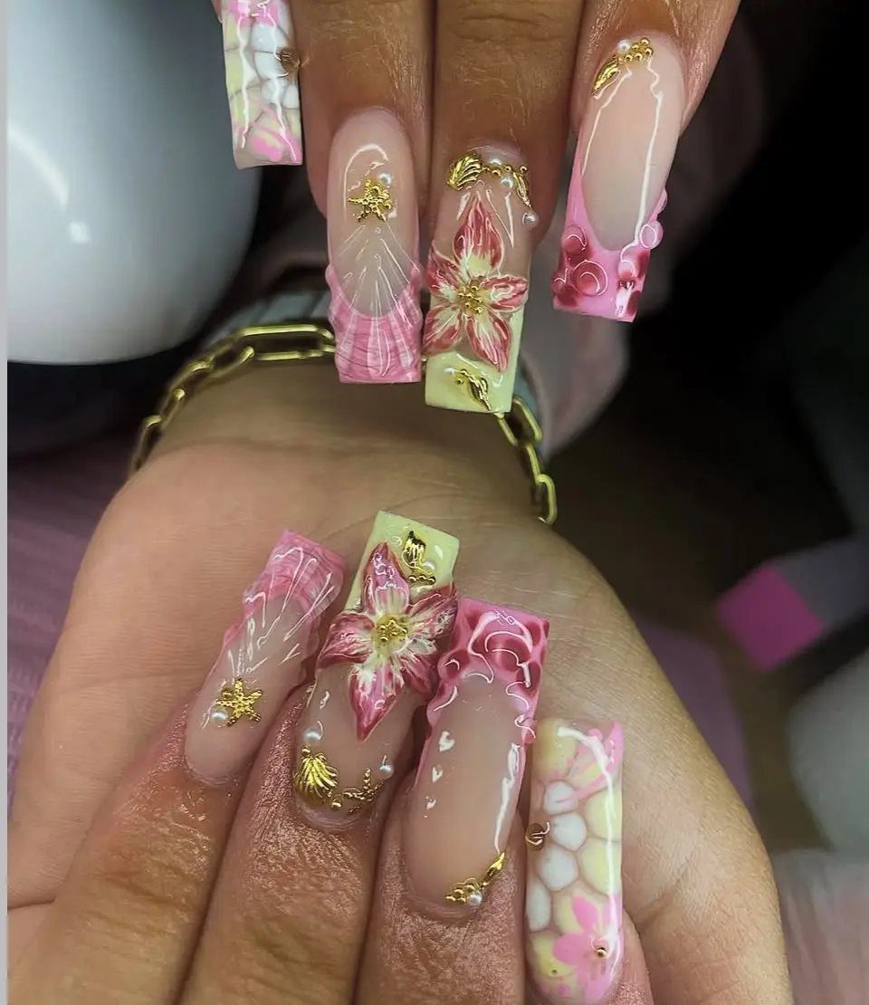 Pink and gold 3D flower nail art